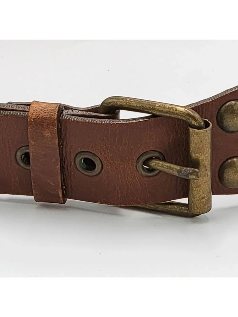 Vtg Y2k Express Studded Boho Brown Leather Wide Belt Antique Brass Hardware